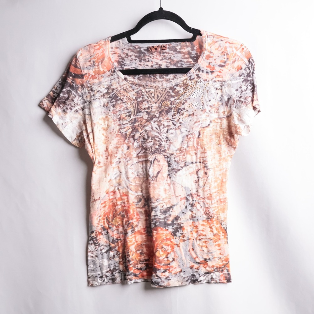Womens Orange Gray Floral Rhinestone Burnout Graphic Tee USA Horses Y2K Grunge